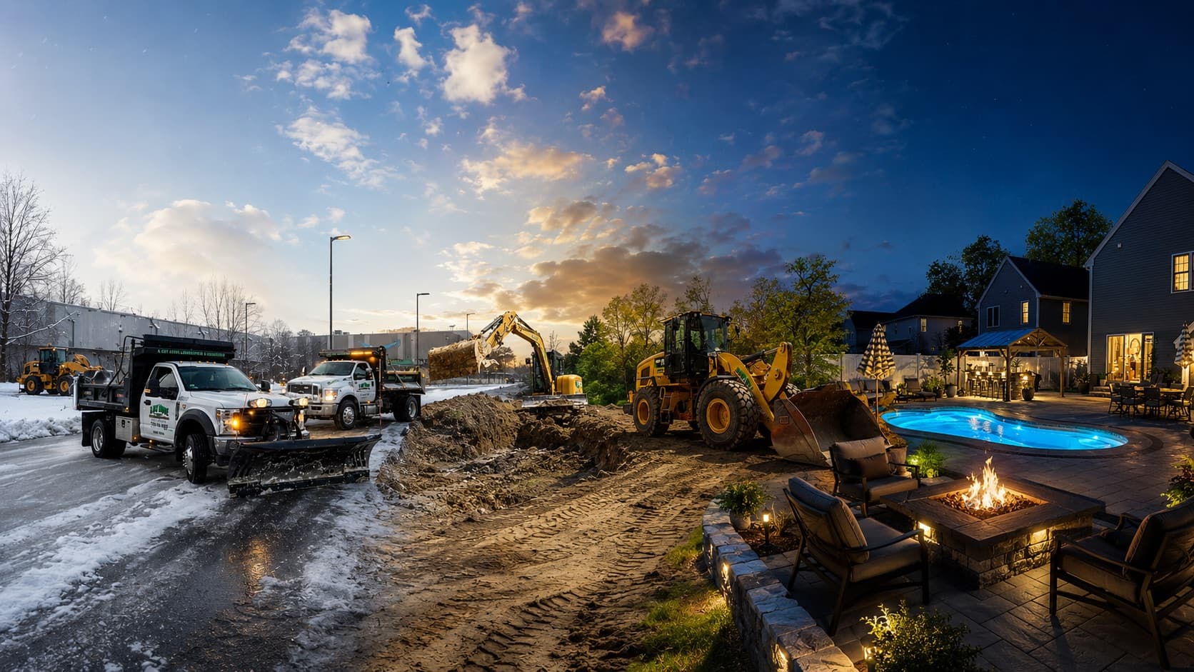 A Cut Above equipment, winter operations, excavation, and a finished outdoor living project